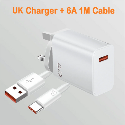 Total 67W USB GaN Charger Fast Charging Wall Phone Adapter 6A USB to TypeC Cable Quick Charge 3.0 Plug For iPhone Samsung Xiaomi