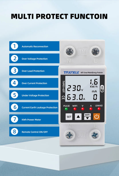 63A TUYA  WiFi Smart Earth Leakage Over Under Voltage Protector Relay Device Switch Breaker Energy Power kWh Meter Smart Life