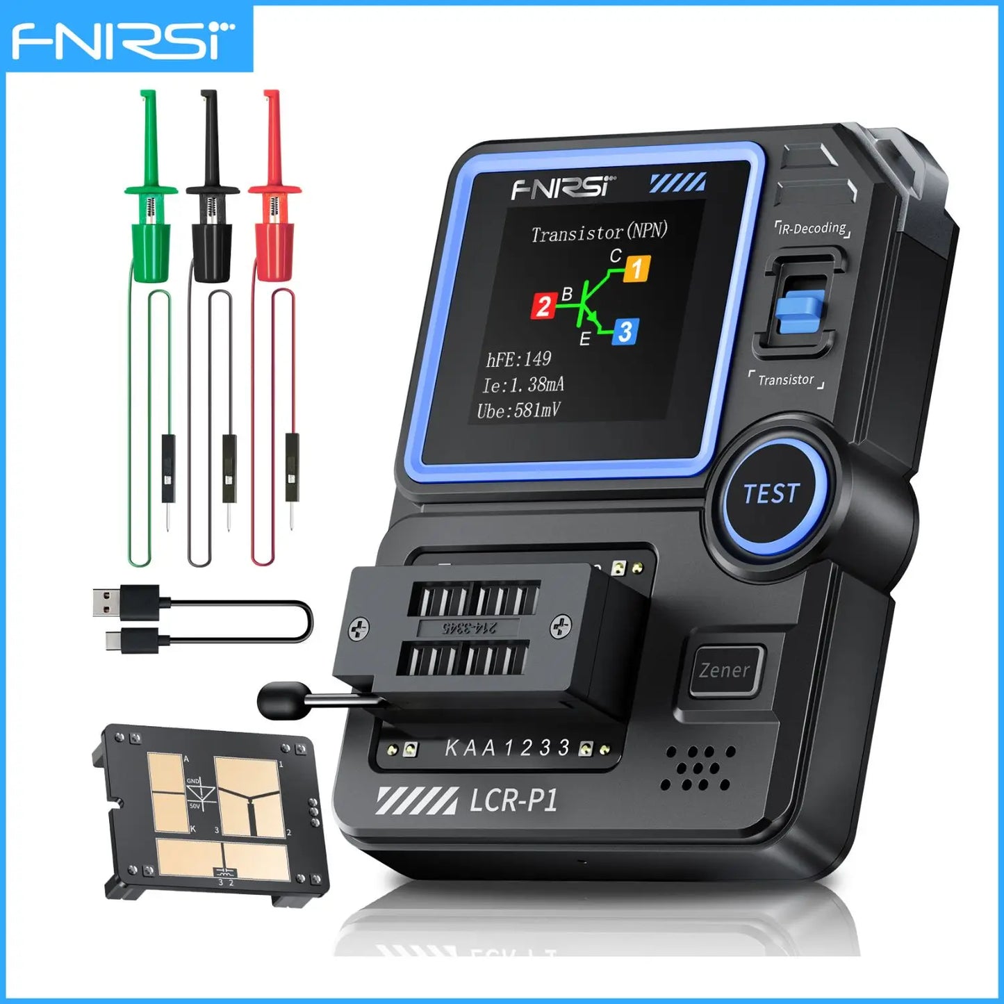 FNIRSI LCR-P1 transistor, capacitor, diode, and resistor tester