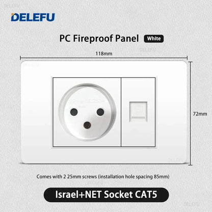 DELEFU White Retardant PC Israel USB Type C Fast Charging Wall Socket Light Tuya Wifi Smart Switch Sat TV Tel Doorbell Curtain