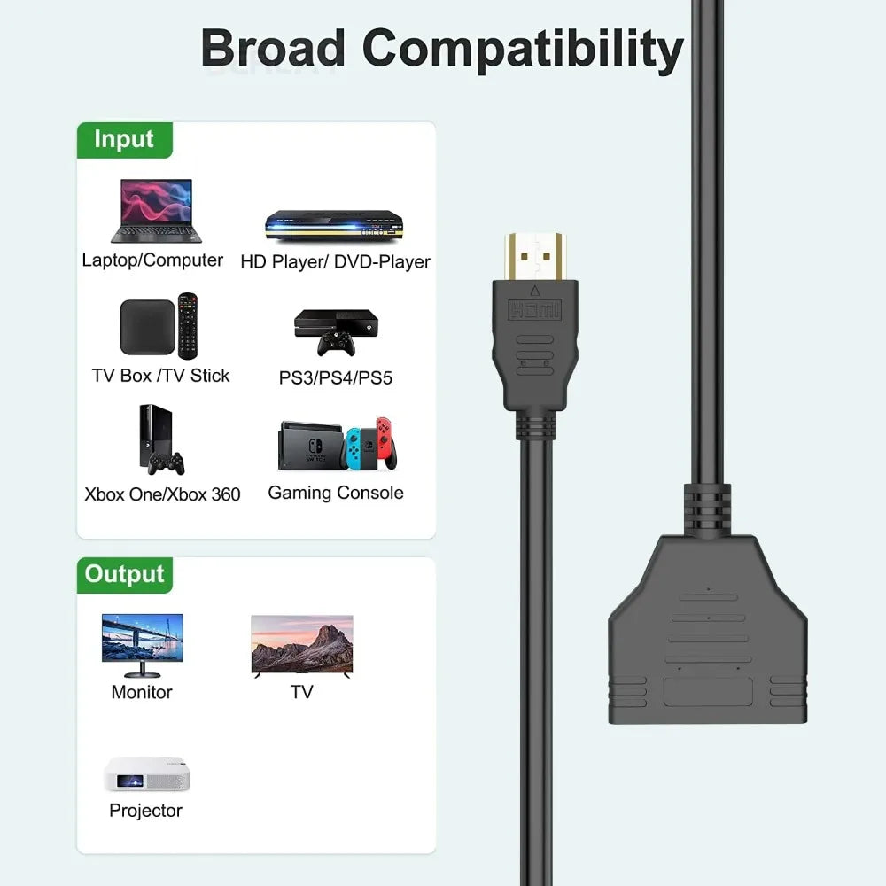 1 in 2 Splitter HD Male To 2 Female Cable 1080P HDTV Splitter Adapter Male To 2 Female Head Adapter HDTV Conversion Cable 30CM