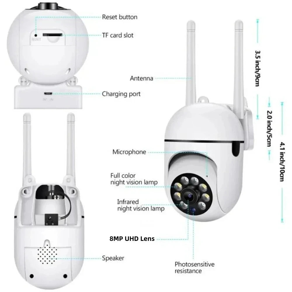 8MP Wireless IP Outdoor Security Surveillance Camera PTZ with 4X Zoom AI Human Tracking Two-way Audio HD Night Vision Color