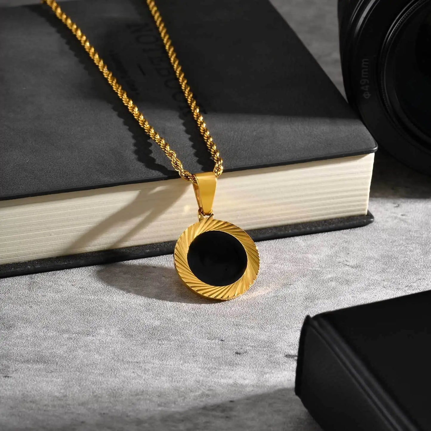 Punk Round Necklace for Men Boys,Embossing Radiation Sunburst Stainless Steel Necklace,Birthday Father Jewelry Gift
