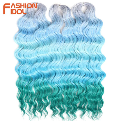 FASHION IDOL 24Inch Crochet Hair Synthetic Water Wave Braiding Hair Extensions Ombre Rainbow color Fake Hair Deep Wave Curl Hair