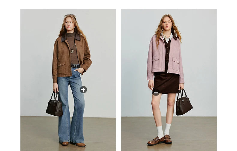 TOYOUTH Women Jacket coat 2025 Autumn New Vingtage Barn Style Suede Leather Patchwork Collar Jacket Brown