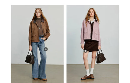 TOYOUTH Women Jacket coat 2025 Autumn New Vingtage Barn Style Suede Leather Patchwork Collar Jacket Brown