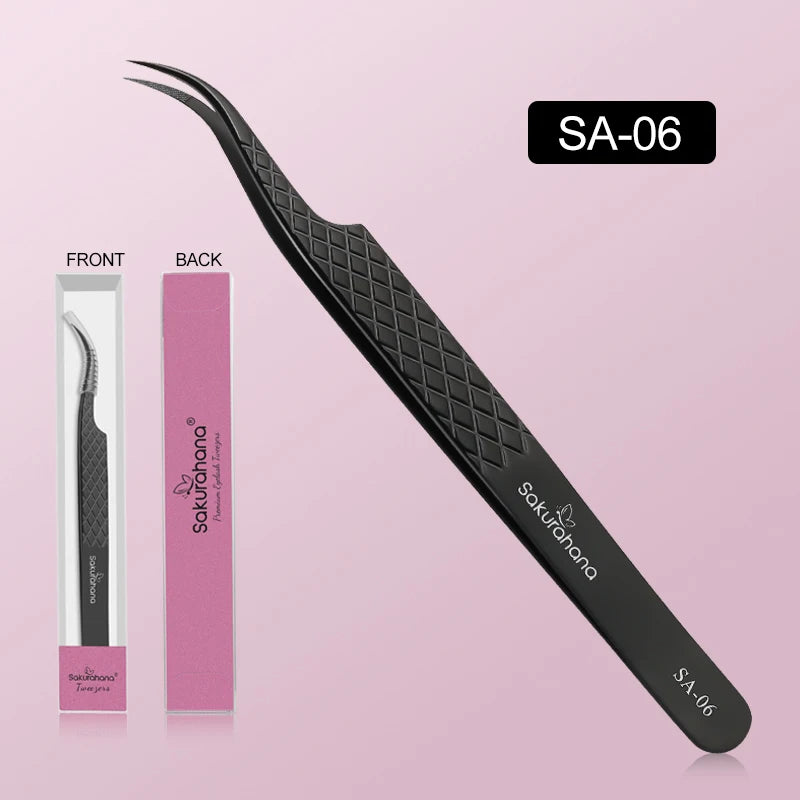 SAKURAHANA Professional Eyelash Tweezers Black Fiber Tip For Lash Extensions Mega Volume Mink Lashes Tool Makeup Artist Kit