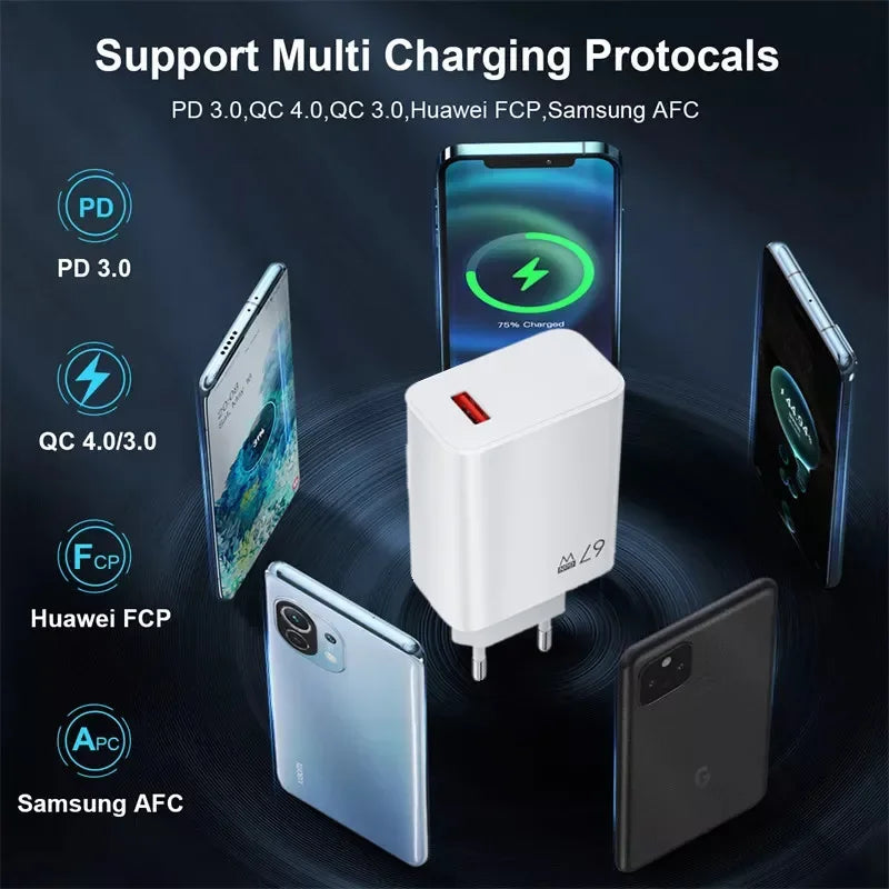 Total 67W USB GaN Charger Fast Charging Wall Phone Adapter 6A USB to TypeC Cable Quick Charge 3.0 Plug For iPhone Samsung Xiaomi