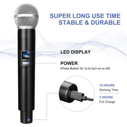 2.4G Wireless Microphone 2 Channels UHF Handheld Microphone Mic Rechargeable Microphone for Karaoke Live Wedding Party Meeting