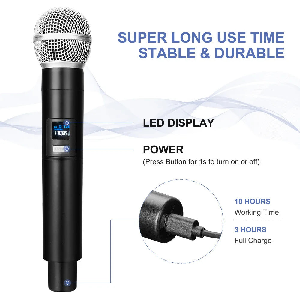 2.4G Wireless Microphone 2 Channels UHF Handheld Microphone Mic Rechargeable Microphone for Karaoke Live Wedding Party Meeting