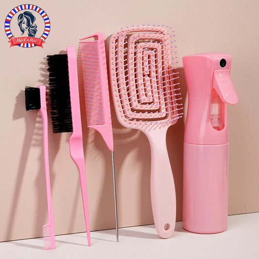 5pcs comb set Relaxing Elastic Massage Comb Hollow Out Hair Brush Scalp Massage Combs Hair Styling Spray bottle Hair Salon Tools