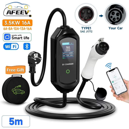 AFEEV Portable EV Charger Type2 IEC62196-2 EVSE Fast Charging Cable Type1 SAE J1772 Wallbox WiFi APP Bluetooth Wireless Control