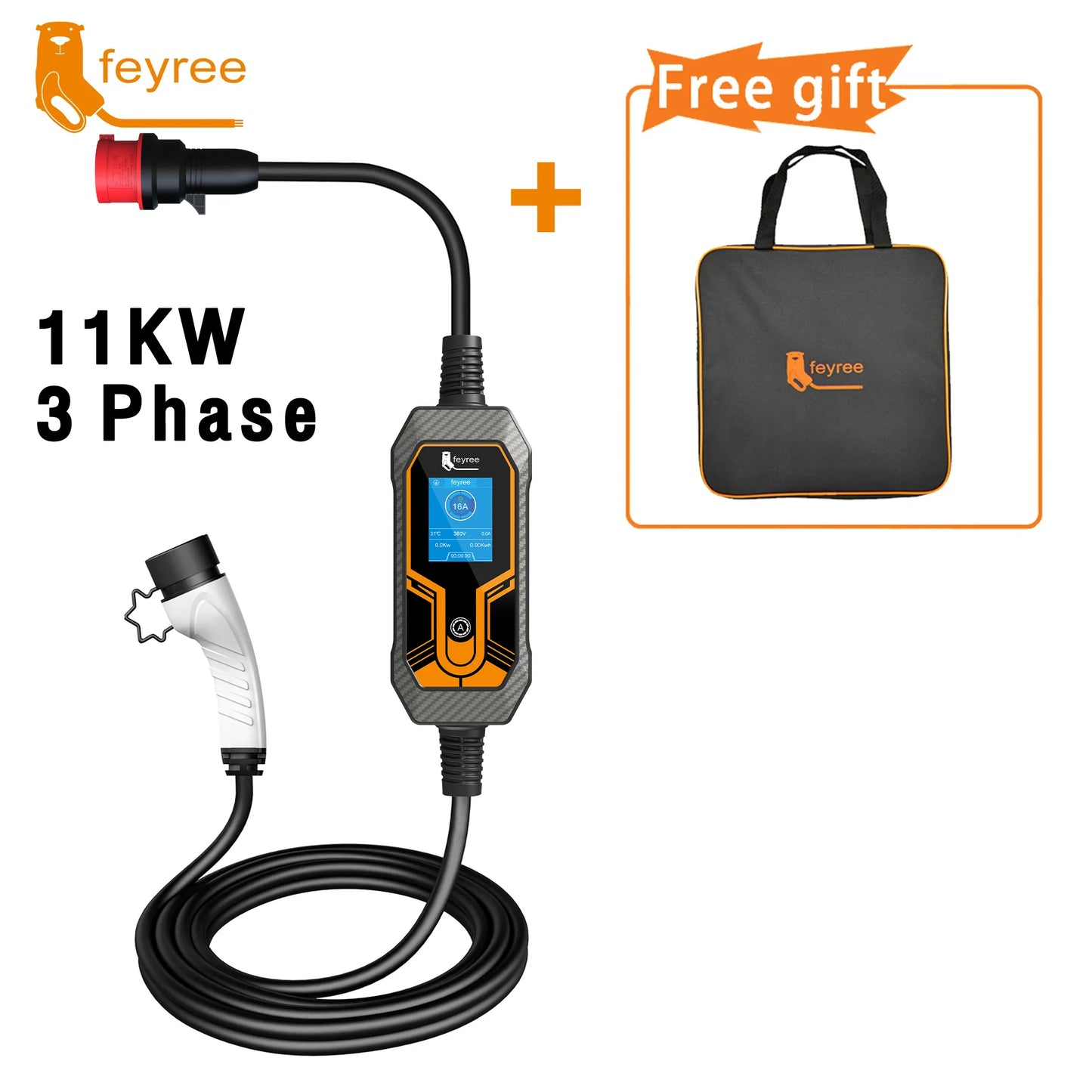 feyree 11KW Type2 Cable 16A 3Phase EV Portable Charger 32A 7KW EVSE Charging Box 5M Cable CEE Male Plug for Electric Car Charger
