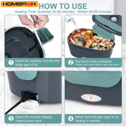 HOMEFISH 1.5L Electric Lunch Box  60W Speed Heating Car Or AC Heating Travel Office Home Use Gift Knife And Insulated Handbag