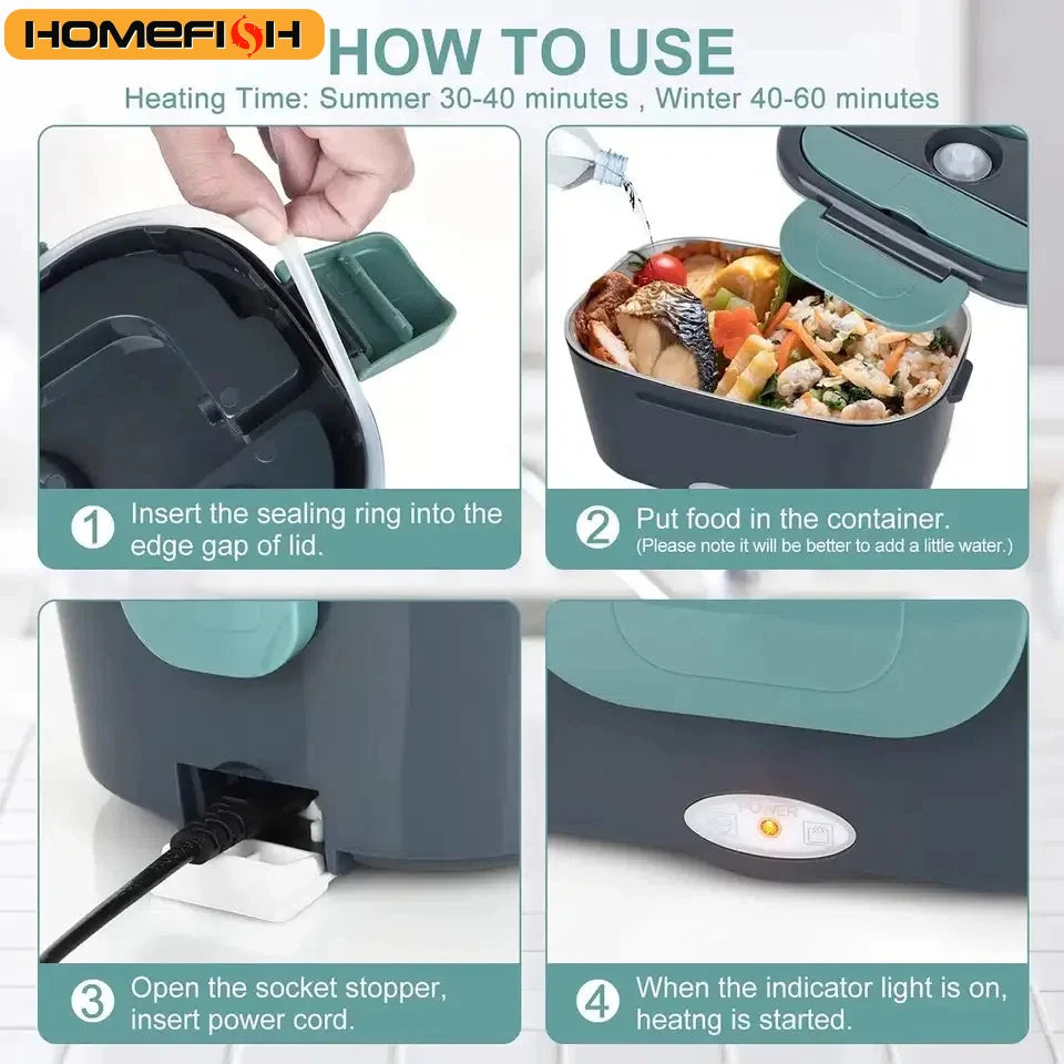 HOMEFISH 1.5L Electric Lunch Box  60W Speed Heating Car Or AC Heating Travel Office Home Use Gift Knife And Insulated Handbag