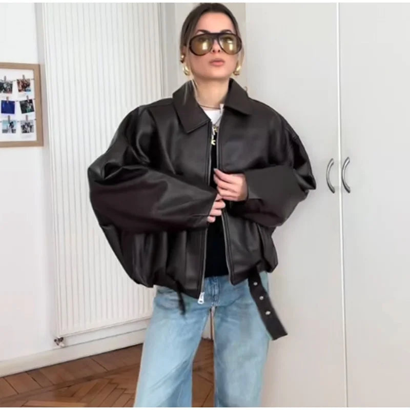 Vintage PU Leather Bomber Jackets 2025 Autumn New Ladies Zipper Lapel Long Sleeve Pocket Coat With Belt Women's Loose Streetwear
