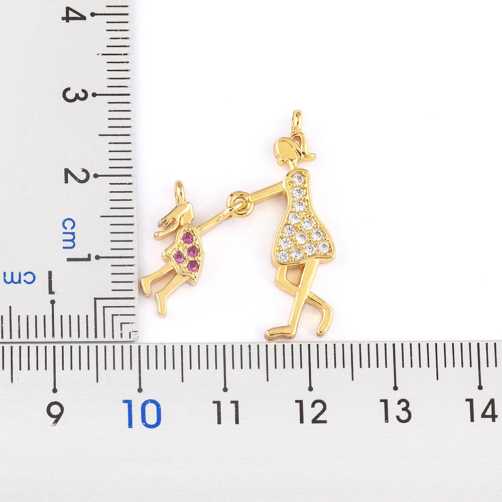 Nidin Exquisite Gold Plated Mom Daughter Necklace Girl Boy Pendant Chain Choker Cubic Zirconia Jewelry Mother's Day Gift