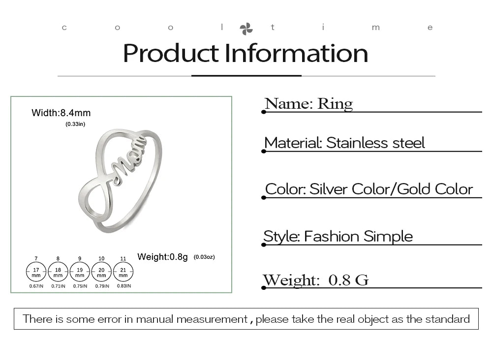 COOLTIME MOM Letters Infinite Love Symbol Ring Mum Women Stainless Steel Finger Ring Fashion Jewelry Mother's Day Gift Wholesale