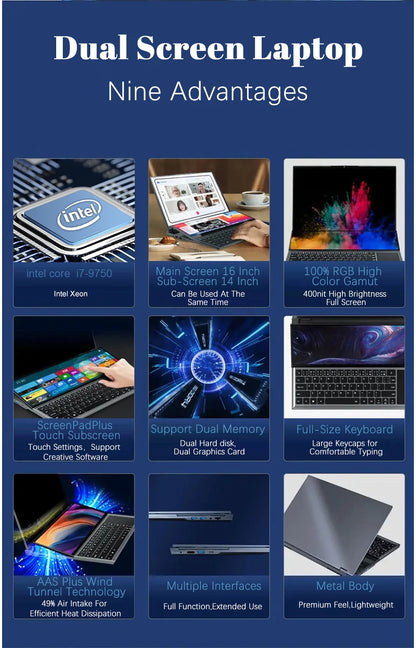 CRELANDER Double Screen Laptop intel core  i7-9750 Generation Windows 11 Touch Screen Gamer Laptop PC Portable Notebook Compu