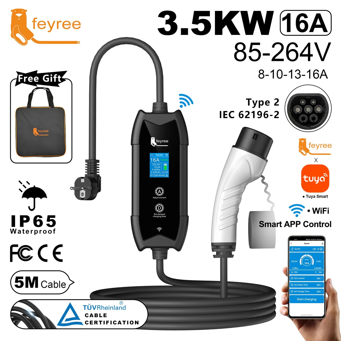 feyree Type2 Portable EV Charger 5m Cable with WIFI APP Control 16A 3.5KW Set Charging&DelayTime for EV Cars,Plug customizable