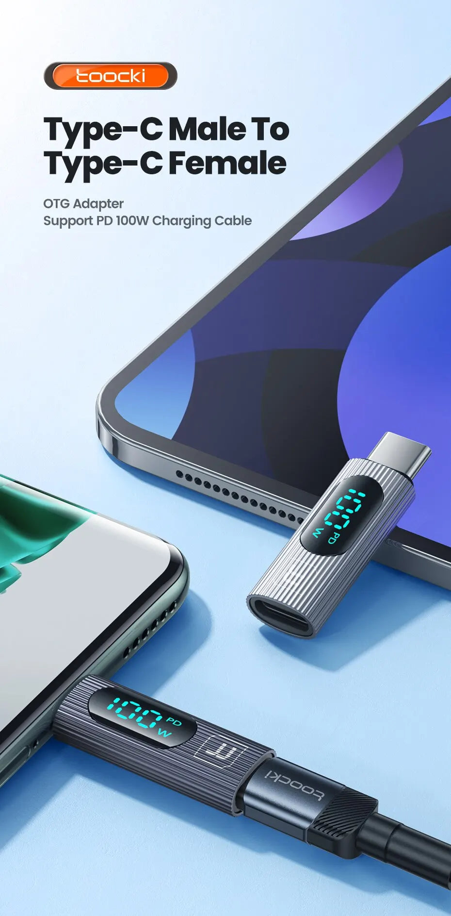 Toocki 2 Pack OTG Adapter 100W Digital Display USB Type C Male to Type C Female OTG Adapter PD Fast Charging Convertor For Redmi
