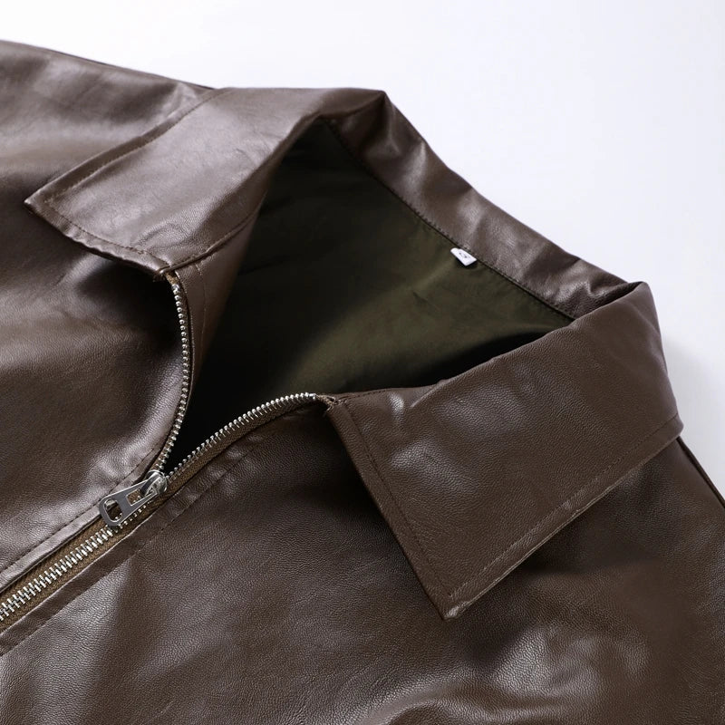 Vintage PU Leather Bomber Jackets 2025 Autumn New Ladies Zipper Lapel Long Sleeve Pocket Coat With Belt Women's Loose Streetwear