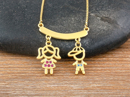 Nidin Exquisite Gold Plated Mom Daughter Necklace Girl Boy Pendant Chain Choker Cubic Zirconia Jewelry Mother's Day Gift