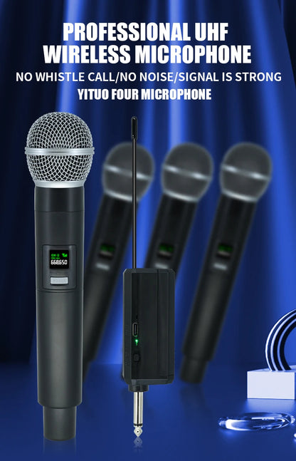 Professional Wireless Microphone 4 Channels Karaoke Handheld  Chargeable Easy Use Outdoor With Suitcase