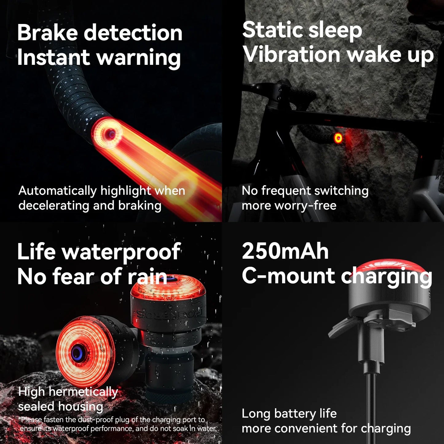 ROCKBROS Bike Handlebar Light LED Bicycle Waterproof Rechargeable Road Bike Handlebar End Plug Warning Taillight Bike Accessory