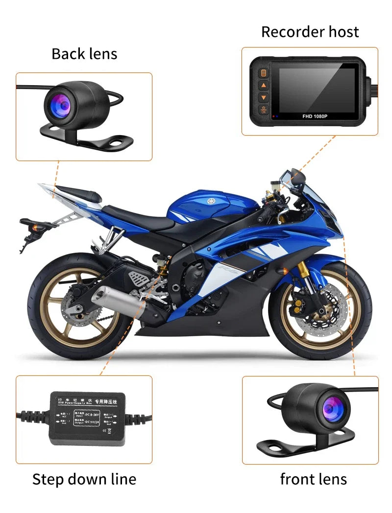 3 Inch Motorcycle Dashcam Waterproof Motorcycle Camera DVR Front 720P & Rear 480P Camera Video Loop Recorder Black Night Vision