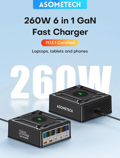 ASOMETECH 260W GaN Charger Digital Display Desktop USB Type C Charger 140W PD3.1 PPS QC4.0 Quick Charger For Laptop Tablet Phone