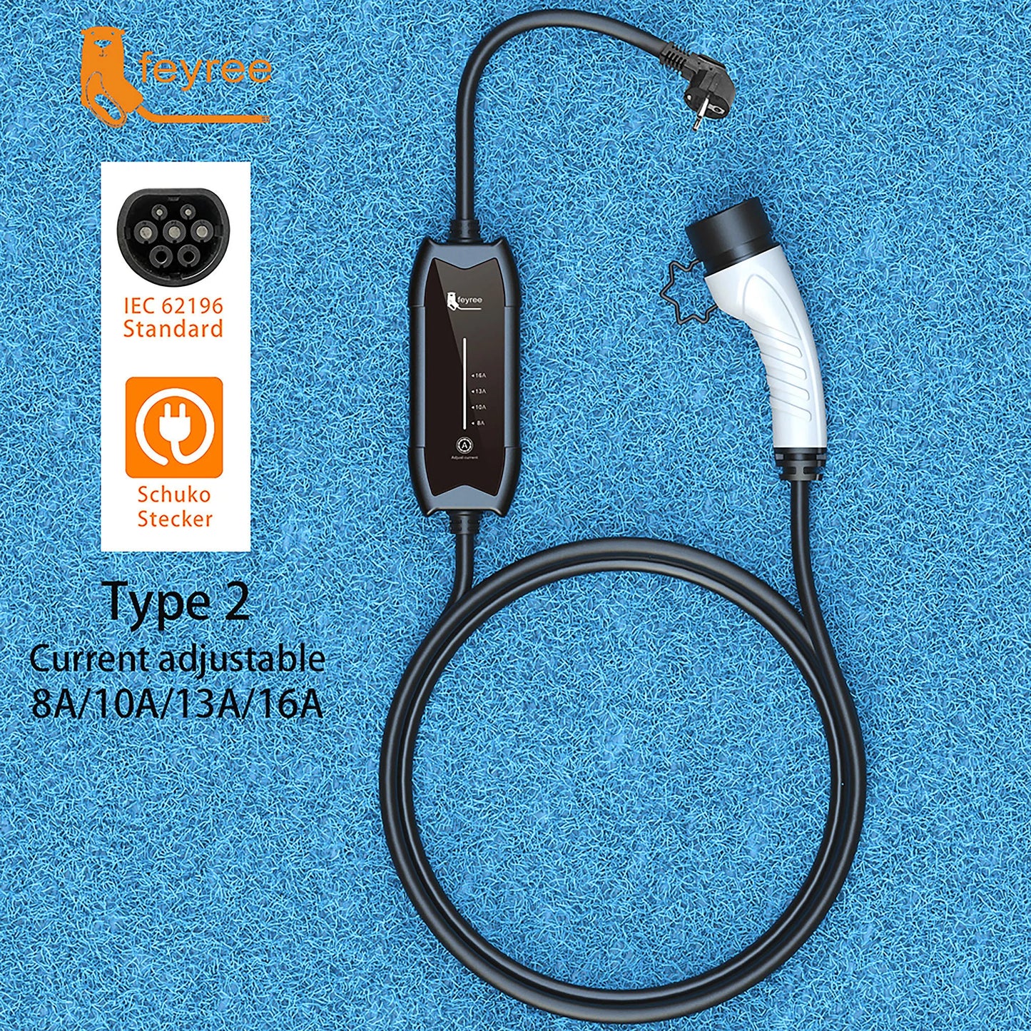 feyree EV Charger Type2 16A 3.5KW 1Phase GB/T / Type1 Current Adjustable 3.5m Cable Portable Charging Box for Electric Vehicle