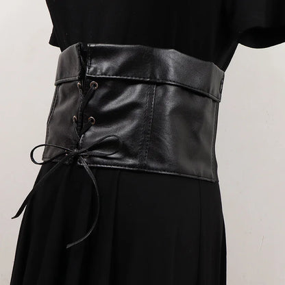 [EAM] Pu Leather Black Bandage Wide Elastic Belt Personality Women New Fashion Tide All-match Spring Autumn 2026 1DH8687