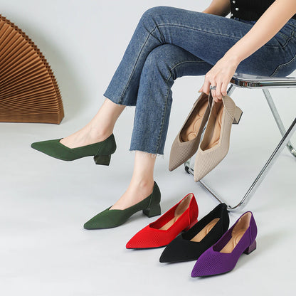 2025 New Women's High Heels Large 42/43 Fashion Pointed Anti slip Rubber Bottom Knitted Breathable Shoes