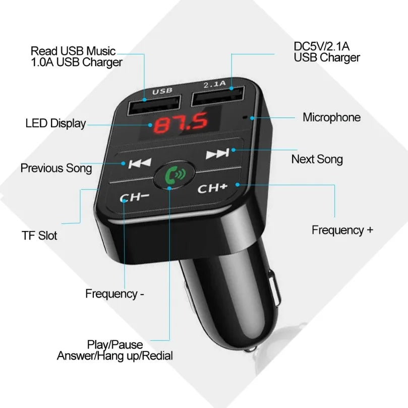 XIKCU LED MP3 Bluetooth FM Audio Receiver Hands-Free Bluetooth 5.0 Transmitter 2.1A 3.1A QC3.0 Type C Dual USB Car kit Charger