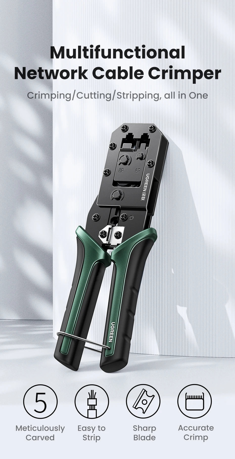 UGREEN RJ45 Crimper Tools RJ45 Crimping Pliers for CAT6/7 Ethernet Lan Cable Network Cutter Stripper Plier Multifuntion Tool