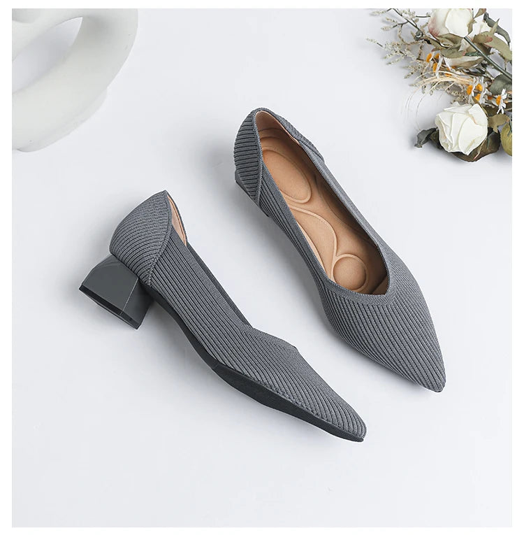 2025 New Women's High Heels Large 42/43 Fashion Pointed Anti slip Rubber Bottom Knitted Breathable Shoes