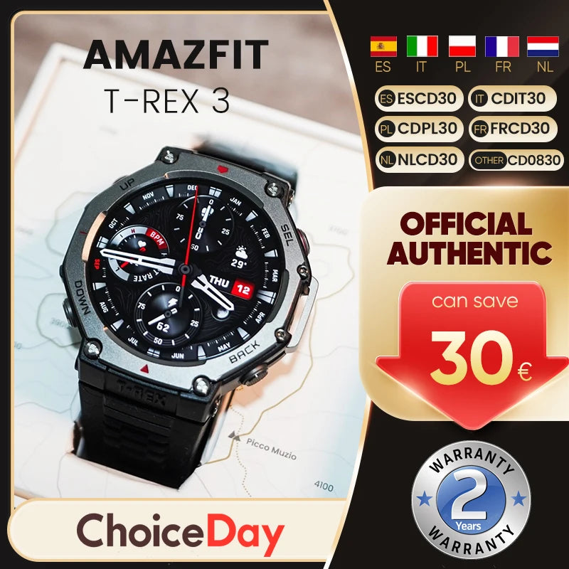 AMAZFIT T-Rex 3 Smartwatch 48mm Black Outdoor Sports GPS Cycling Hiking Real-Time Navigation Gift for Adults Compatible with iOS