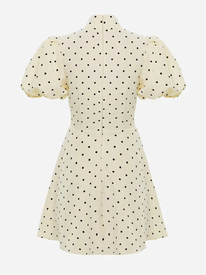 Retro Polka Dot Mini A-line Dress Elegant Stand Collar Puff Short Sleeve Waist-cinching Dresses 2026 New Lady Party Gowns