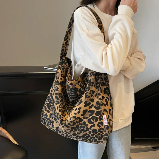 Vintage Leopard Canvas Shoulder Shopper Bag for Women 2025 Large Woman Tote Bag Fashion Designer Female Handbags Purses Bolsas