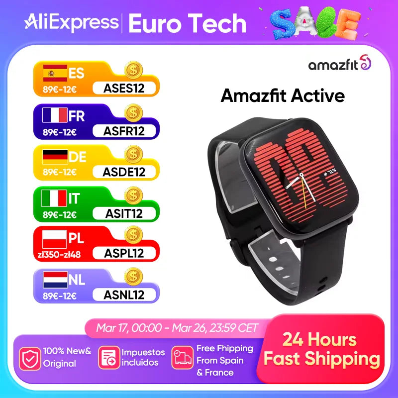 Amazfit Active Smartwatch Heart Rate Blood Pressure Oxygen Monitoring Waterproof GPS  for Running Swimming Outdoor Men Women
