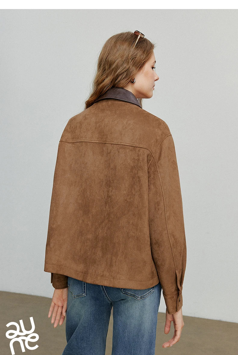 TOYOUTH Women Jacket coat 2025 Autumn New Vingtage Barn Style Suede Leather Patchwork Collar Jacket Brown