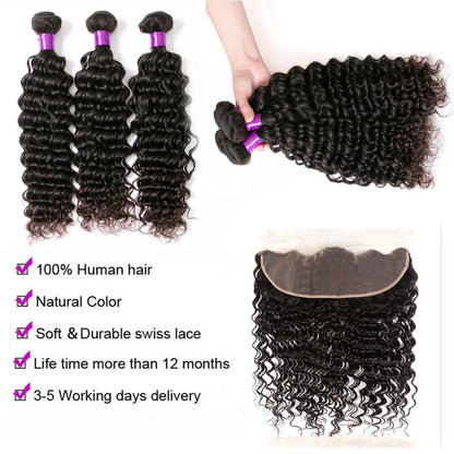 Deep Curly Wave Human Hair 3/4  Bundles Deal Malaysian Hair Weaves 100% Virgin Rew Human Hair Extensions Double Weft Wholeasle