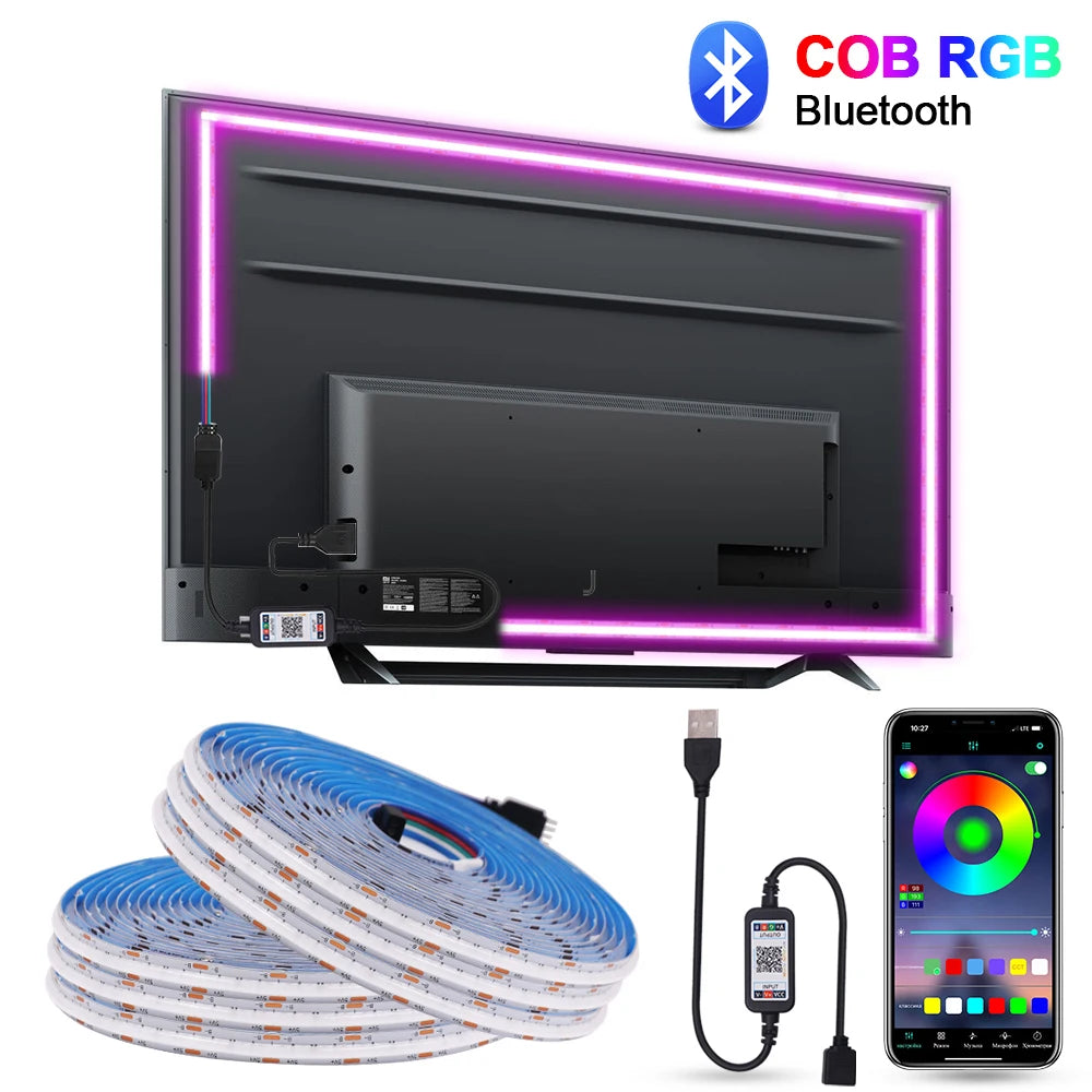 5V USB RGB COB LED Strip Light Bluetooth APP Control Music Sync 576LEDs/m High Density Flexible Ribbon RGB Tape TV Backlight