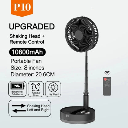 P10 10800mAh Folding Portable Fan USB Remote Control Air Cooler Silent Rechargeable Wireless Floor Standing Fan for Camping Desk