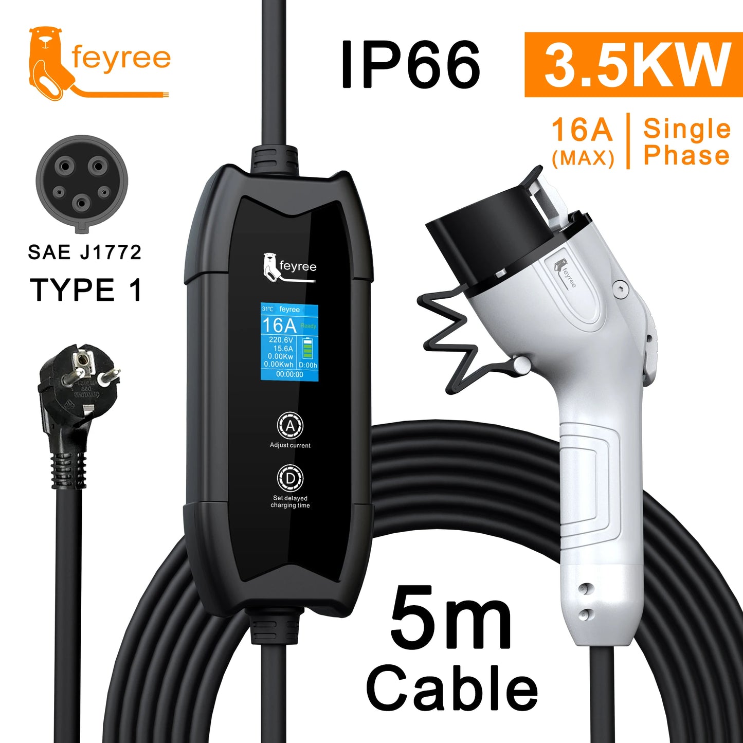 feyree EV Charger Type2 16A 3.5kW Portable Charging Box 5M Cable GBT Socket Type1 J1772 Adapter for Electric Vehicle Car Charger