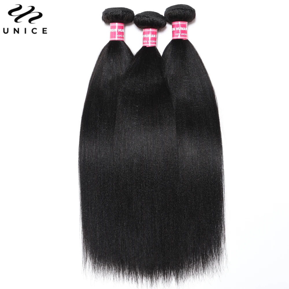 Unice Hair Yaki Straight Hair Bundles 1/3/4 PCS Bundles 100% Human Hair Sew In Quick Weaves Hair Extensions 100G Per Bundle