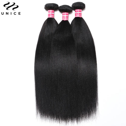 Unice Hair Yaki Straight Hair Bundles 1/3/4 PCS Bundles 100% Human Hair Sew In Quick Weaves Hair Extensions 100G Per Bundle