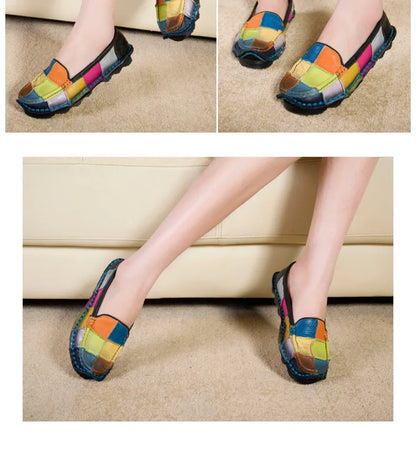 Koznoy 2.5cm Native Flats Shoes Women Natural Cow Genuine Leather Big Size Mixed Color Soft Soled Loafer Ethnic Moccasins Comfy