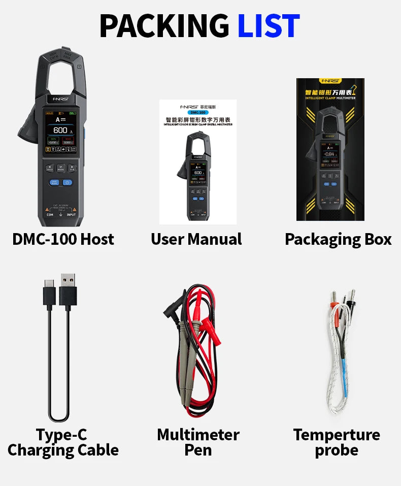FNIRSI DMC-100 зажимный, 10000 отсчётов, ток AC/DC до 600А, USB зарядка